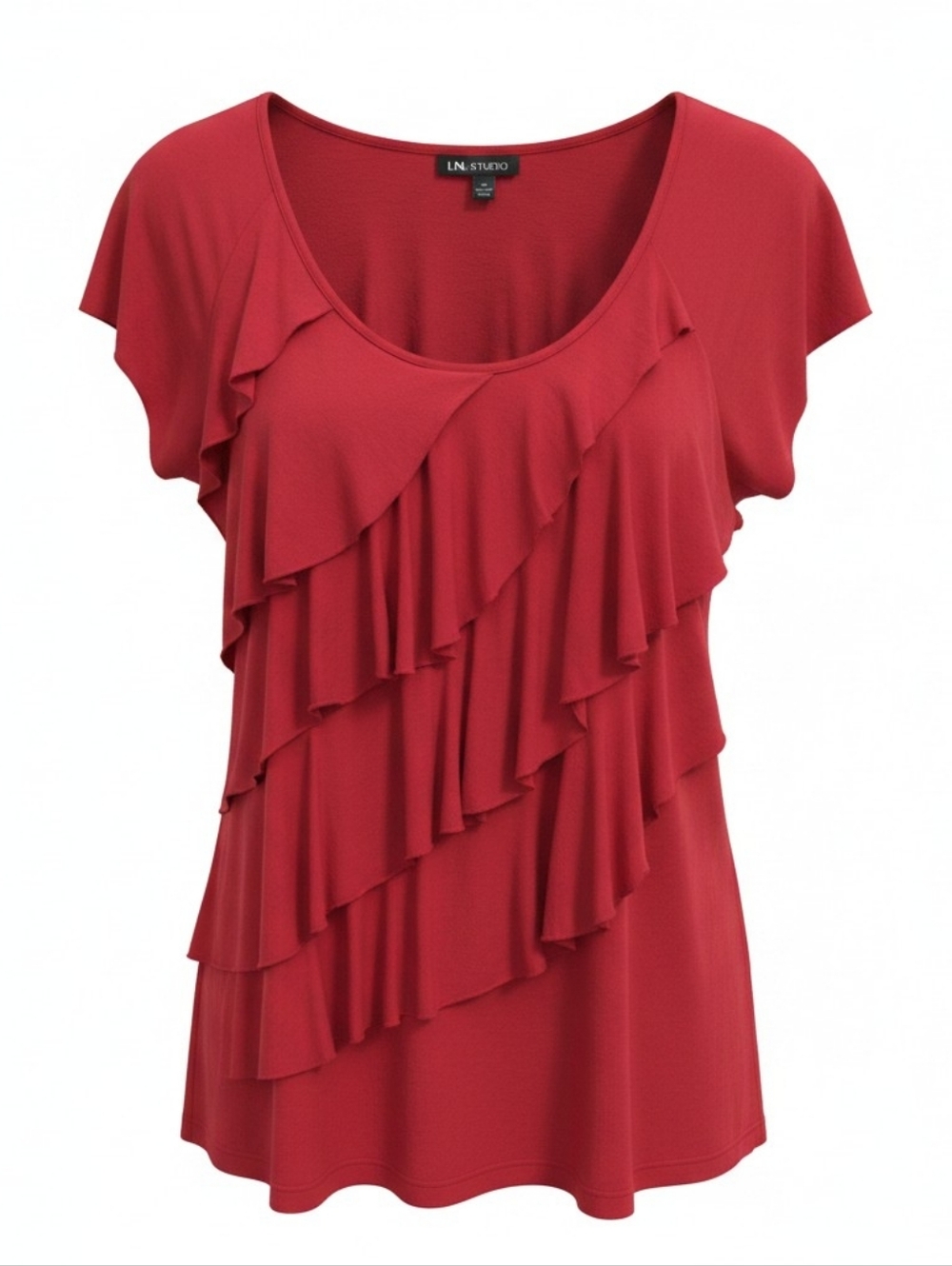 I.N. Studio Red Short-Sleeve Ruffle Front Top